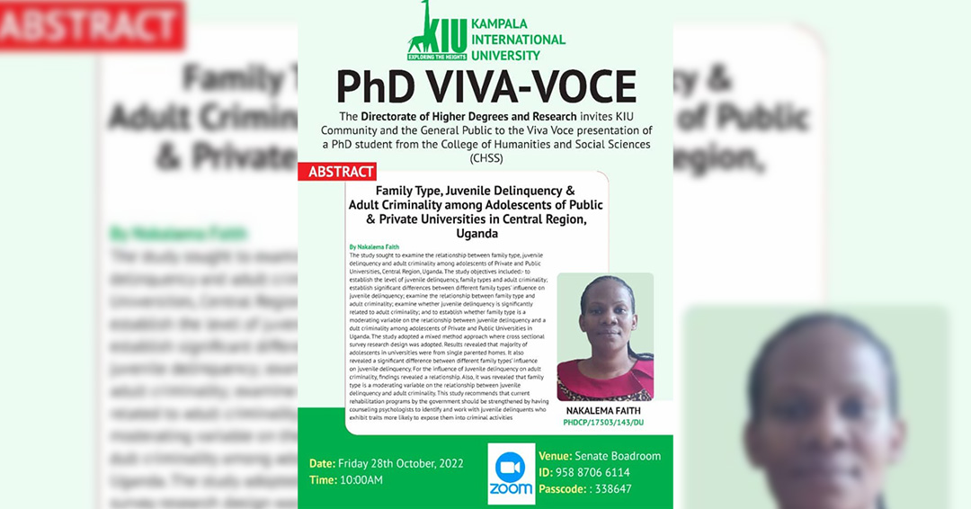 KIU's Faith Nakalema to Present a PhD Viva Voce on Adult Criminality Among Youths in Universities