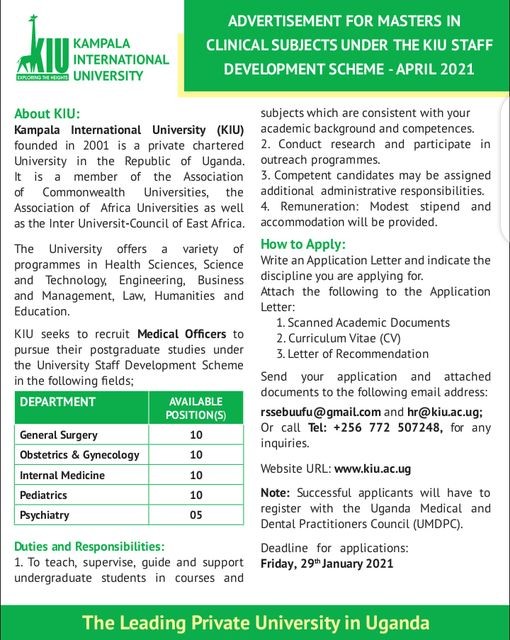 KIU to Recruit Medical Officers Under the University Staff Development Scheme for Post-Graduate Studies