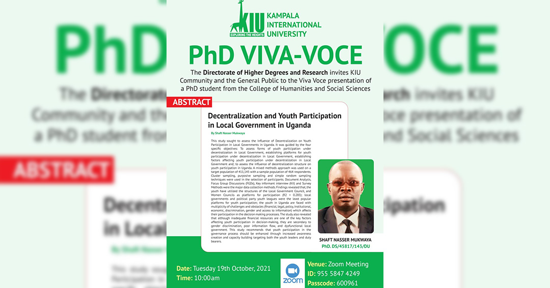 KIU PhD Student to Present a Viva Voce on Decentralization & Youth Participation in Local Government