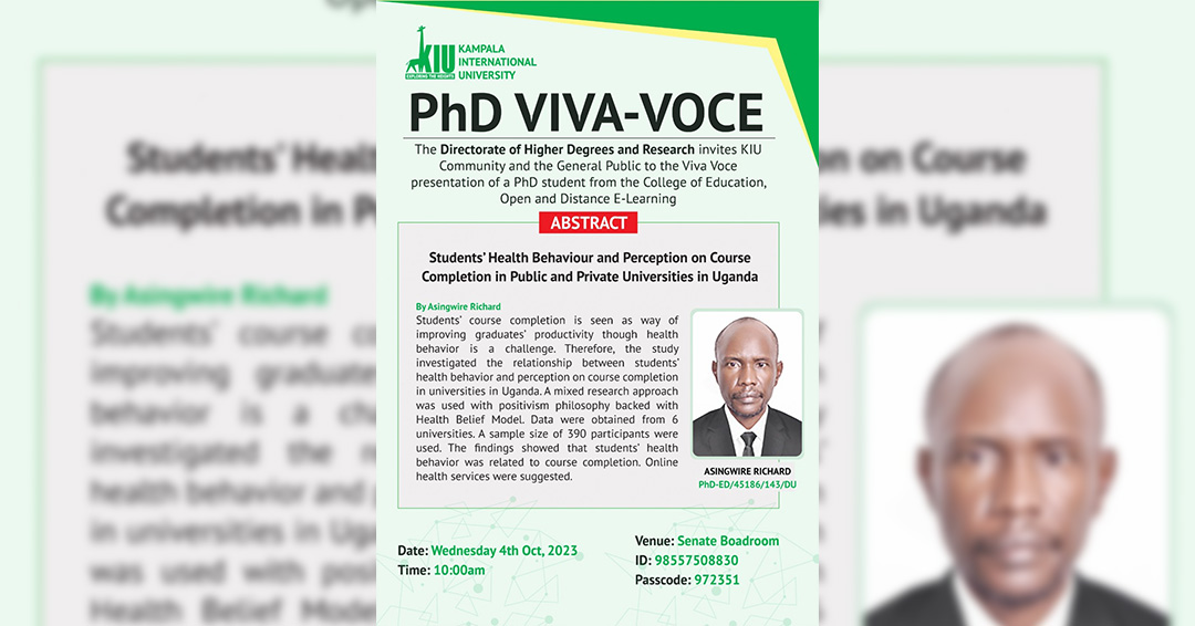Directorate of Higher Degrees and Research to Hold PhD Viva Voce on October 4th, 2023