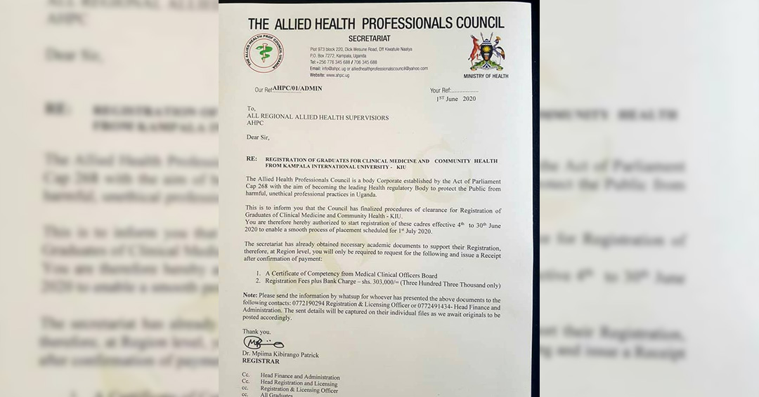 Campus News:  KIU Clinical Medicine Graduates to be Registered by Allied Health Professionals Council