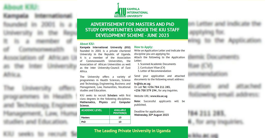 ADVERTISEMENT FOR MASTERS AND PHD STUDY OPPORTUNITIES UNDER THE KIU STAFF DEVELOPMENT SCHEME - JUNE 2023